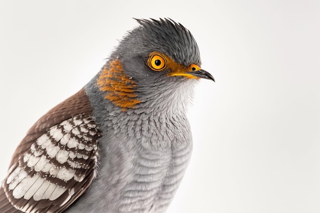 A bird with a red head and orange eyes is looking at the camera.