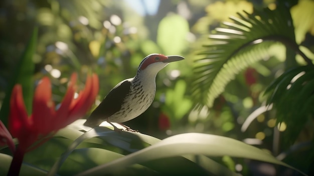 A bird with a red head and a red head sits on a leaf in a jungle scene.