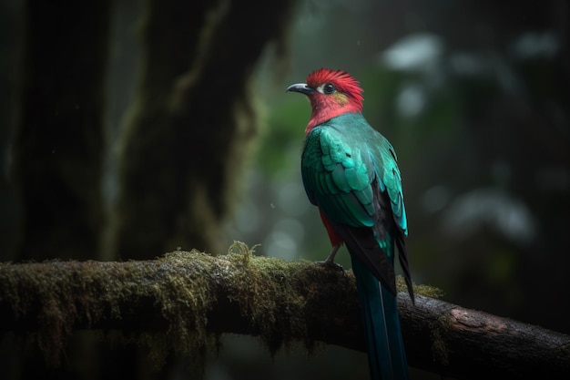 빨간 머리를 가진 새가 숲의 나뭇가지에 앉아 있습니다.