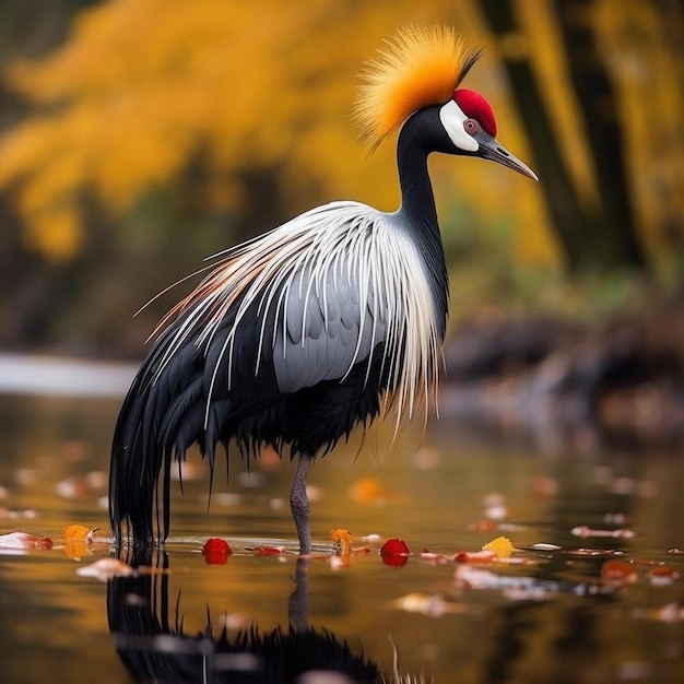 a bird with a red head standing in a body of water