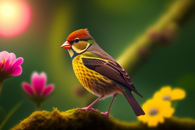 A bird with a red head and a yellow head is on a branch