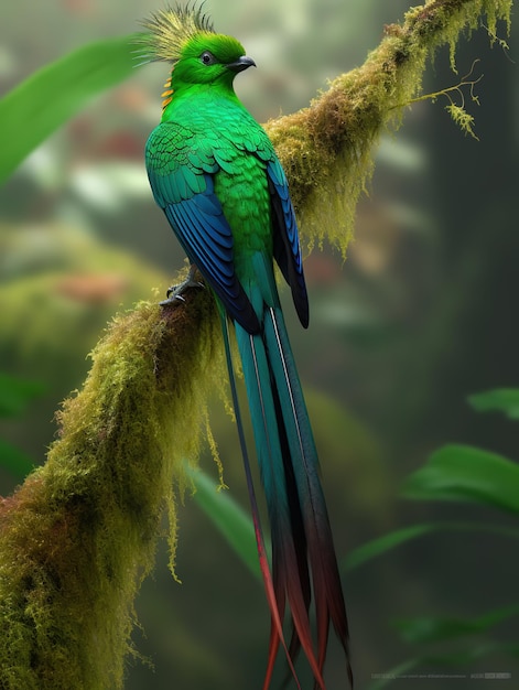 A bird with a red tail sits on a branch.