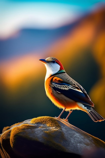 A bird with a red, white, and black head and neck.