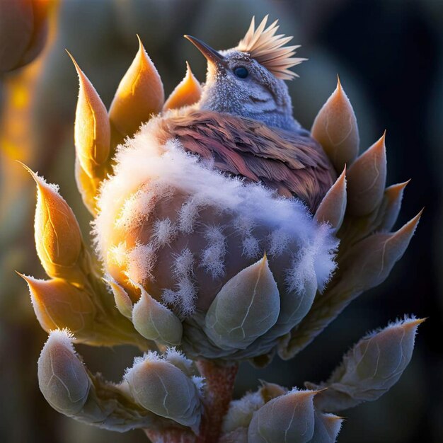 A bird with spiked feathers is sitting on a flower.