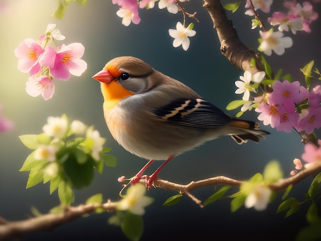 A bird with spring flowers in the background