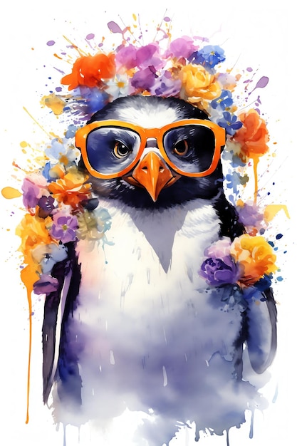 A bird with sunglasses and a flower crown