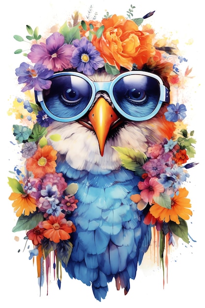 A bird with sunglasses and flowers