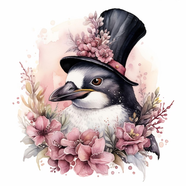 a bird with a top hat on it and a flower on it