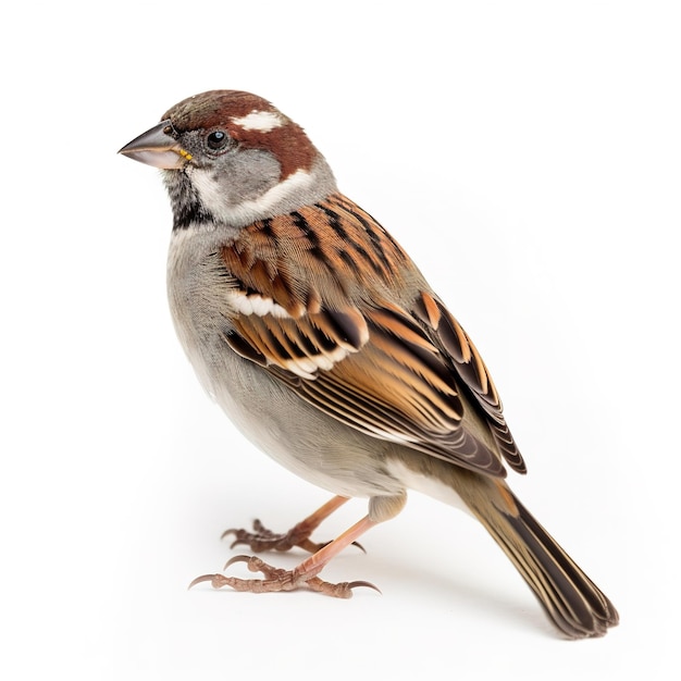 A bird with a white background and a brown and black head.