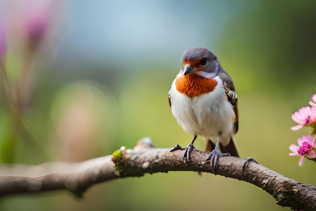 a bird with a white chest and orange beak sits on a branch.