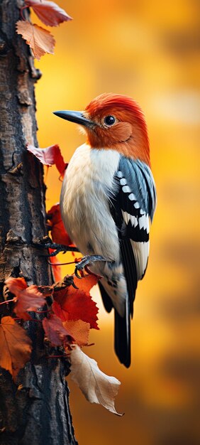 Photo a bird with a white chest and a red leaf on the side of it