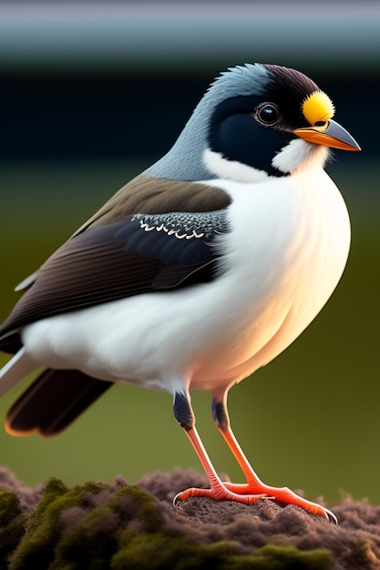 A bird with a white head and black feathers with a yellow spot on the top.