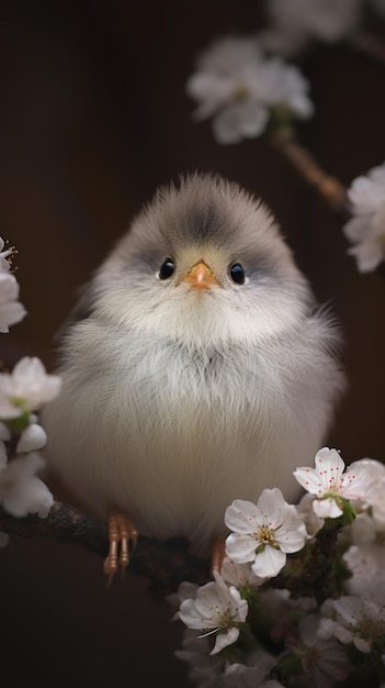A bird with a white head and gray feathers sits on a branch of a cherry blossom tree.