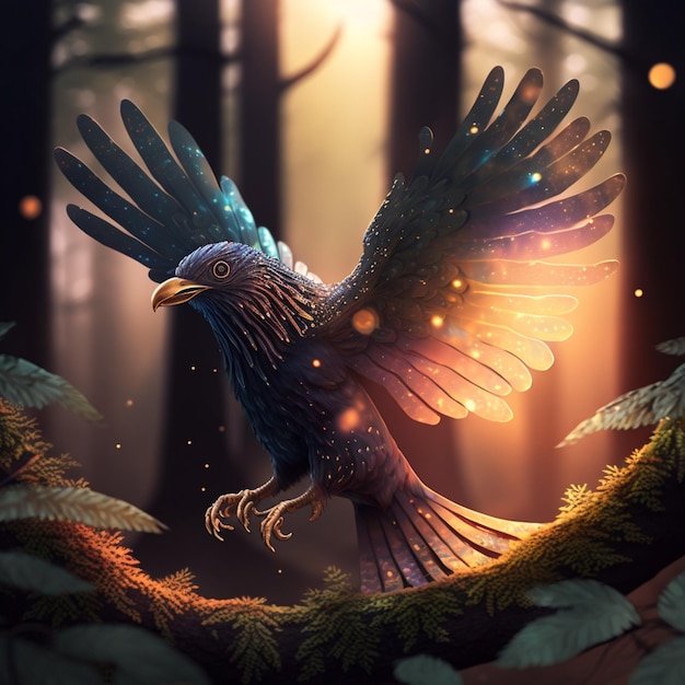 A bird with wings spread is flying in the forest.
