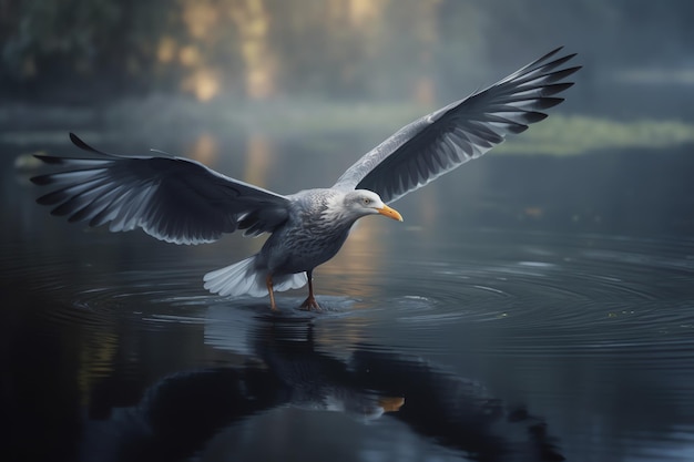 A bird with wings spread stands on a lake in the fog.