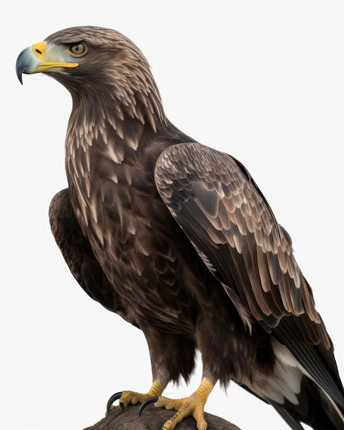 A bird with a yellow beak and a black tail sits on a white background.