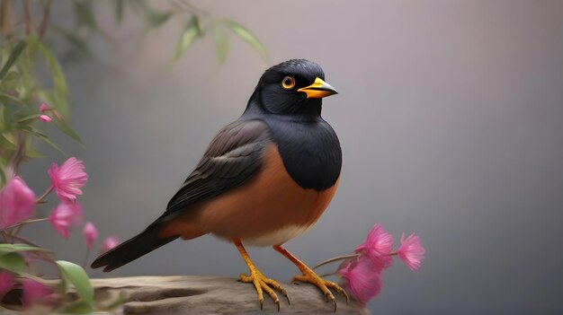 黄色のノックとオレンジのノックを持つ鳥が岩の上に立っています