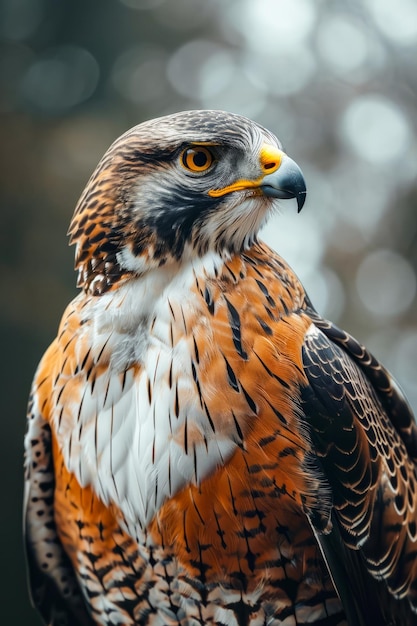 Foto un uccello con il becco giallo e la piuma del petto arancione è appoggiato in un albero