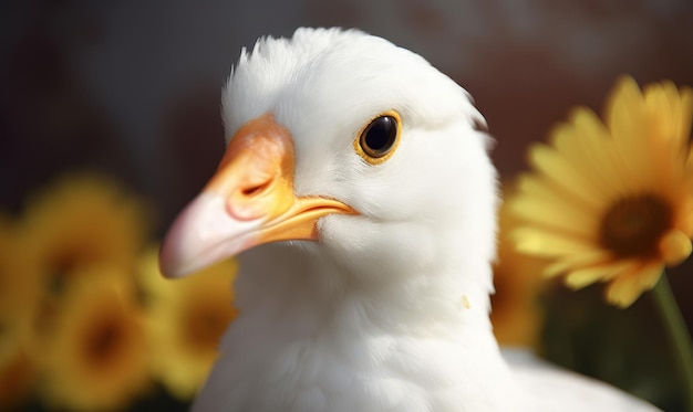 A bird with a yellow beak and a yellow flower in the background.