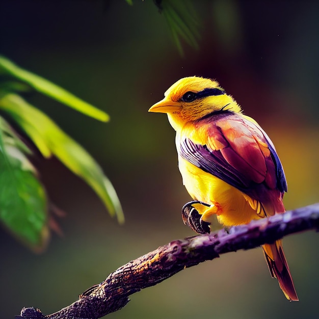 黄色と黒の羽を持つ鳥が枝に止まっています。