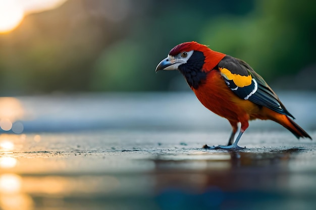 A bird with a yellow and black wing is standing on a wet surface.