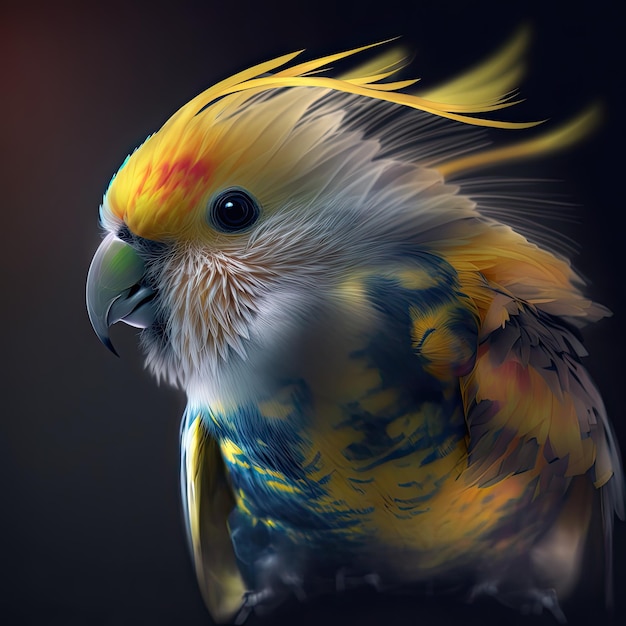 A bird with a yellow and blue feather on its head