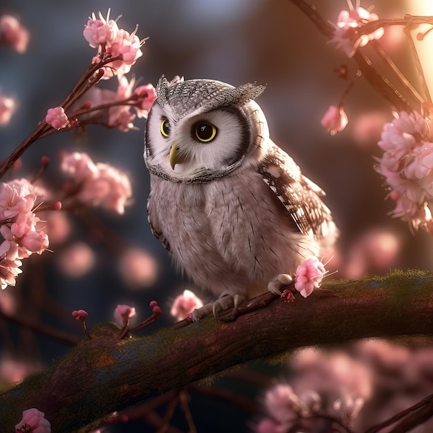 A bird with a yellow eye sits on a branch of pink flowers.