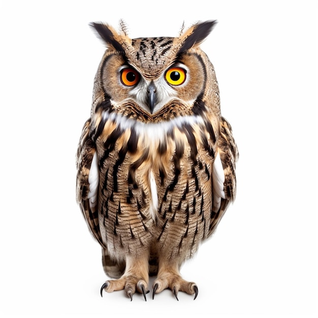 A bird with yellow eyes and black stripes on its face is standing on a white background.
