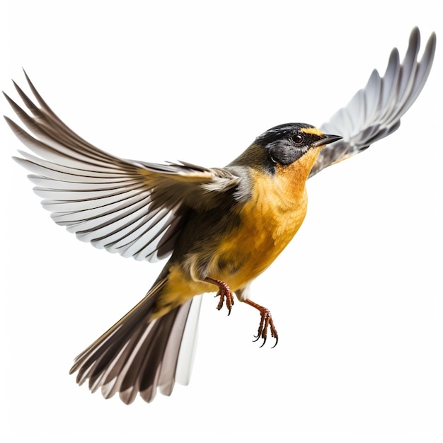 A bird with a yellow face is flying in the air.