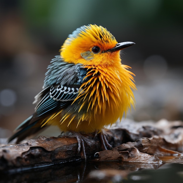 птица с желтыми перьями и синей и белой головой