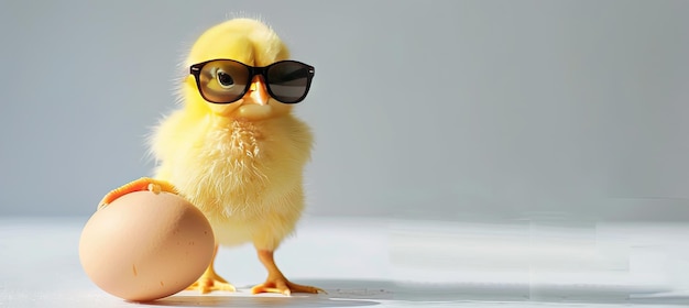 A bird with yellow feathers and eyewear perching on an egg cute and stylish