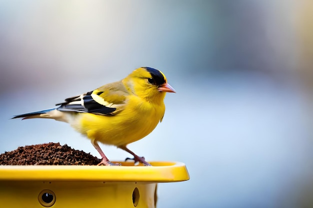 黄色い頭と黒い縞模様の鳥が鳥の餌箱に止まっています。