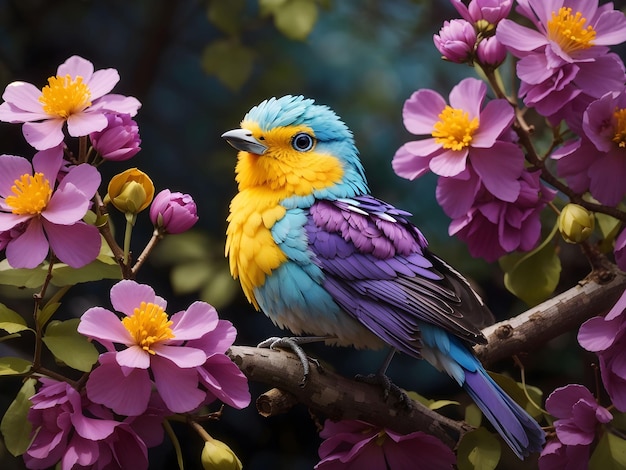 A bird with a yellow head and blue eyes sits on a branch of purple flowers