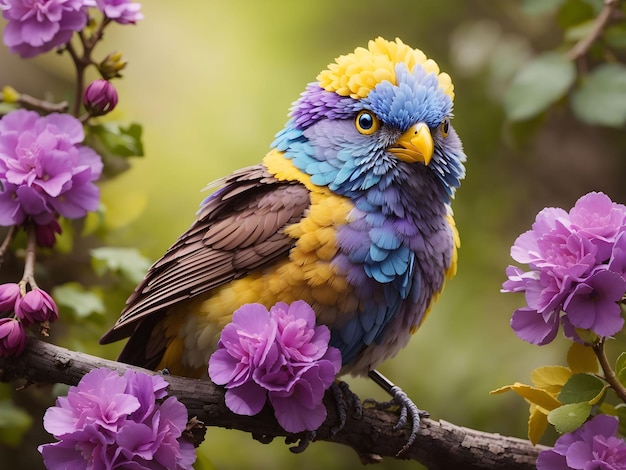 A bird with a yellow head and blue eyes sits on a branch of purple flowers