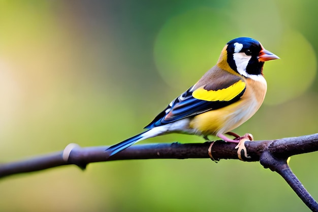 A bird with a yellow head and blue feathers sits on a branch.