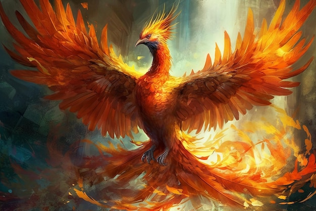 A bird with a yellow head and orange feathers is flying in the air.