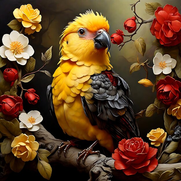 A bird with a yellow head and red feathers sits on a branch with a flower ai generat