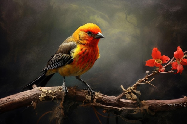 A bird with a yellow head and red feathers sits o