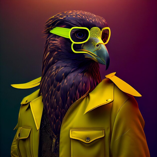 A bird with a yellow jacket and green glasses