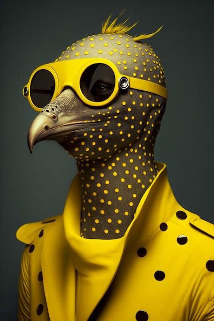 A bird with a yellow jacket and sunglasses