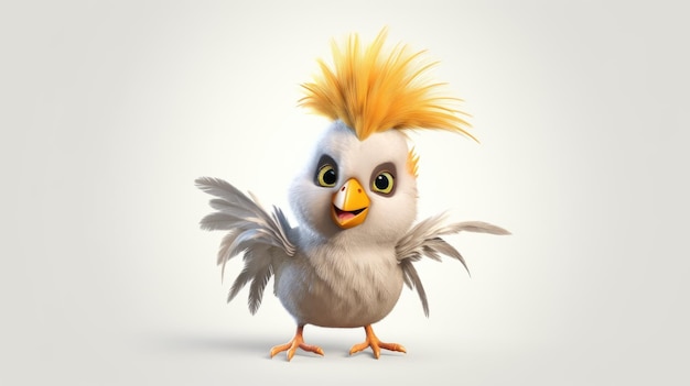 A bird with a yellow mohawk and a yellow beak is standing on a white background.