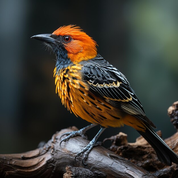 a bird with a yellow and orange head and black feathers