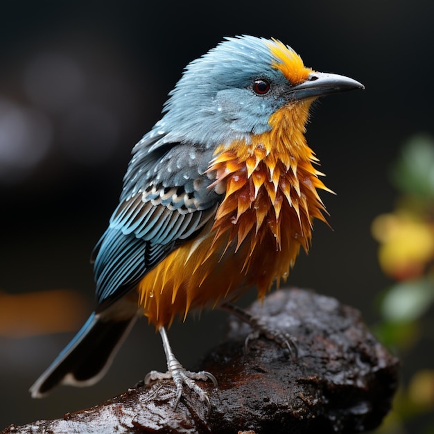 黄色とオレンジの頭と青い羽毛の鳥が岩の上に座っている