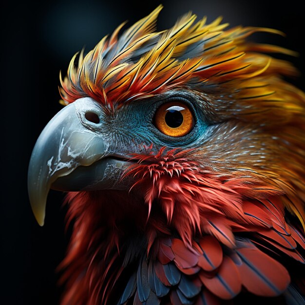 a bird with a yellow and red feathered head and a red and yellow feathered head