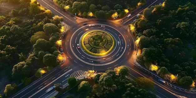 Foto bird39s eye view van het verkeer op een rotonde gefotografeerd door een drone concept bird39s eyes view traffic flow rotonde road drone photography urban landscape