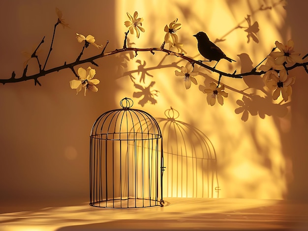 Теневая клетка птиц как силуэт, отлитый на стене Сложная и творческая фотография элегантного фона
