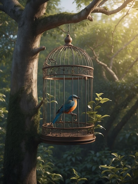 A birdcage in a tree with a bird sitting inside it while the cage door was open