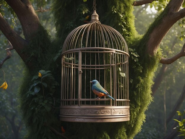 A birdcage in a tree with a bird sitting inside it while the cage door was open