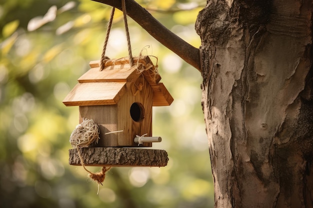 Birdhouse and feeder hanging from a tree branch