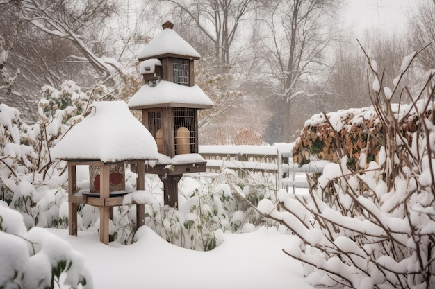 Birdhouse and feeder in snowcovered garden